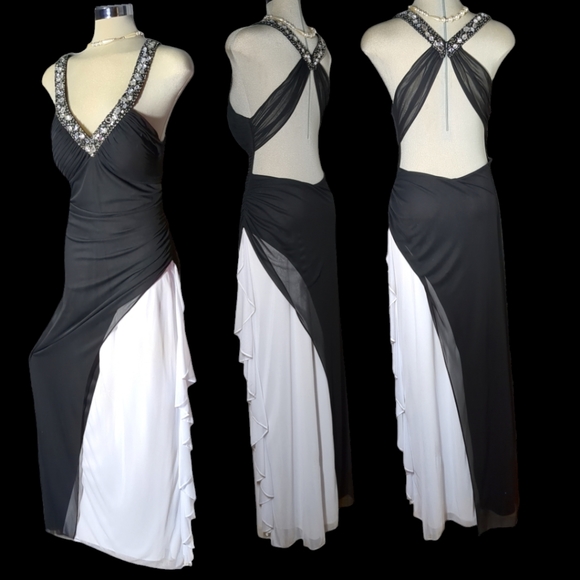 BLONDIE Luxury Designer Black and White Beaded Gown Open Back Dress Size 13 - Picture 6 of 17